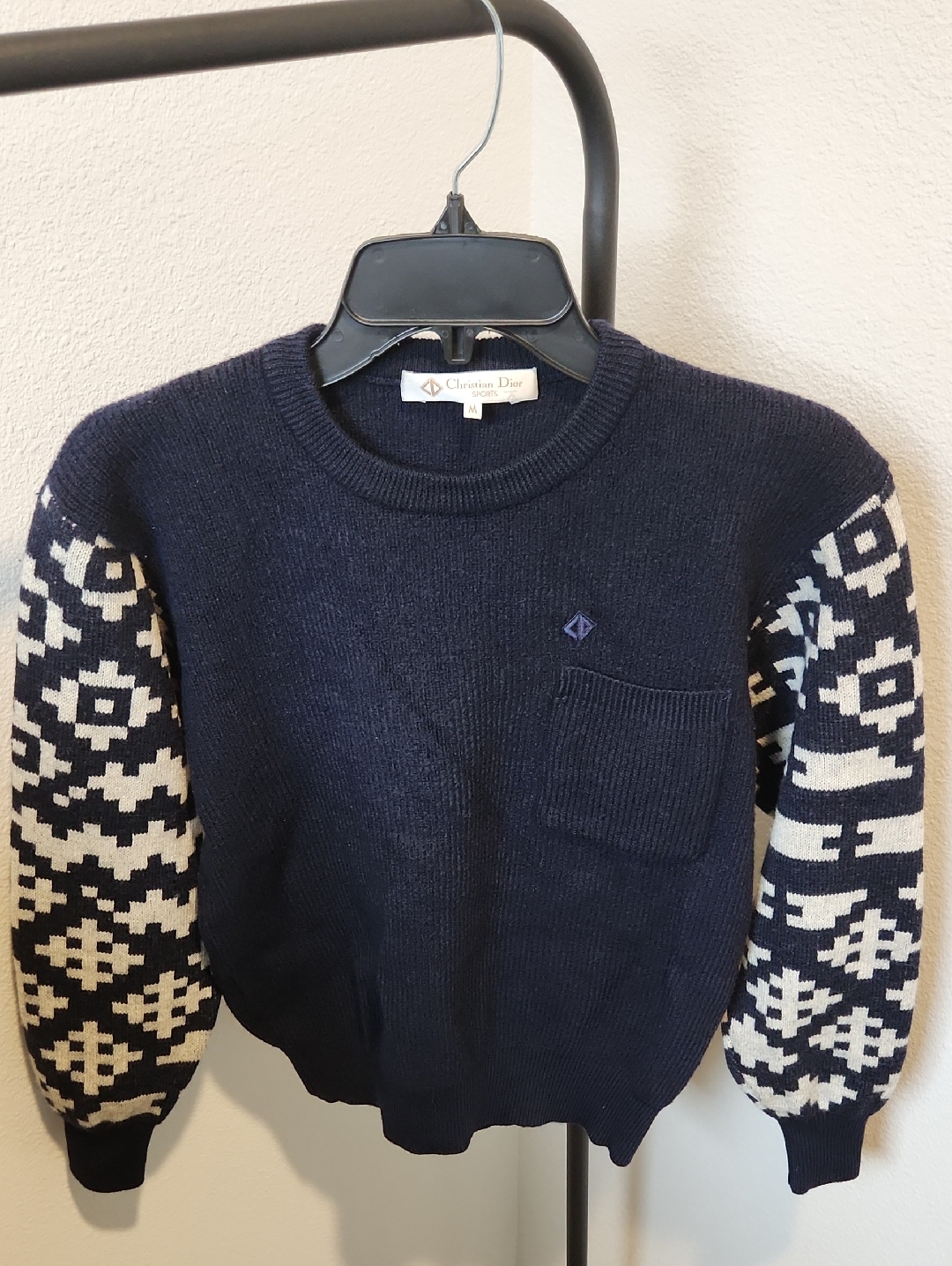 Dior Navy Crewneck Sweater With Cream Geometric Sleeves